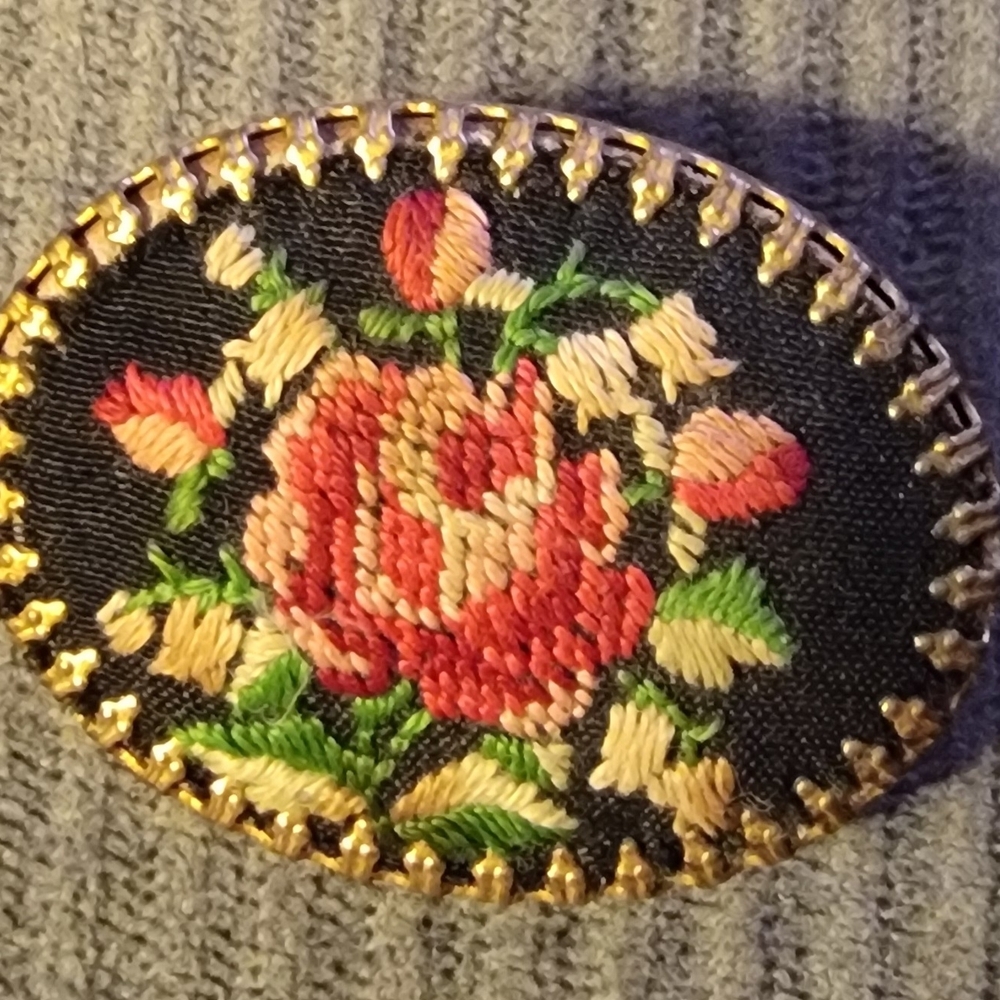 Source Unknown Rose Embroidered Brooch with Gold Accents